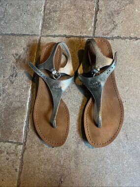 Coach Metallic Silver Leather Thong Sandals with Tan Footbed